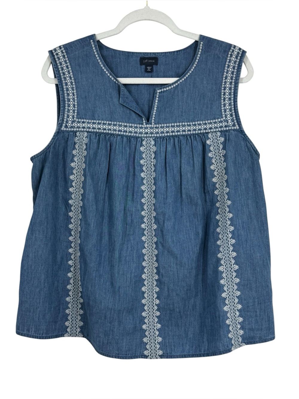 J Jill Chambray Sleeveless Embroidered Tunic Top Women’s XL Petite Blue/Cream